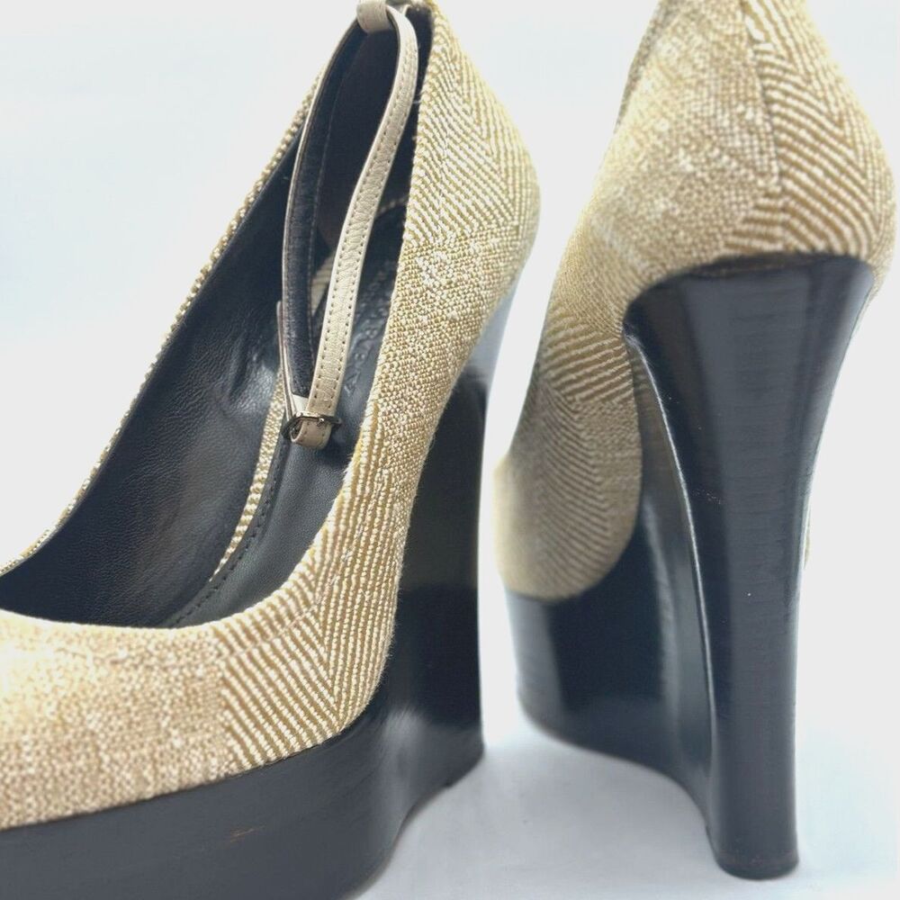 Burberry Tan Woven Platform Wedge Pumps Black Heels Sz 39 - Picture 7 of 9